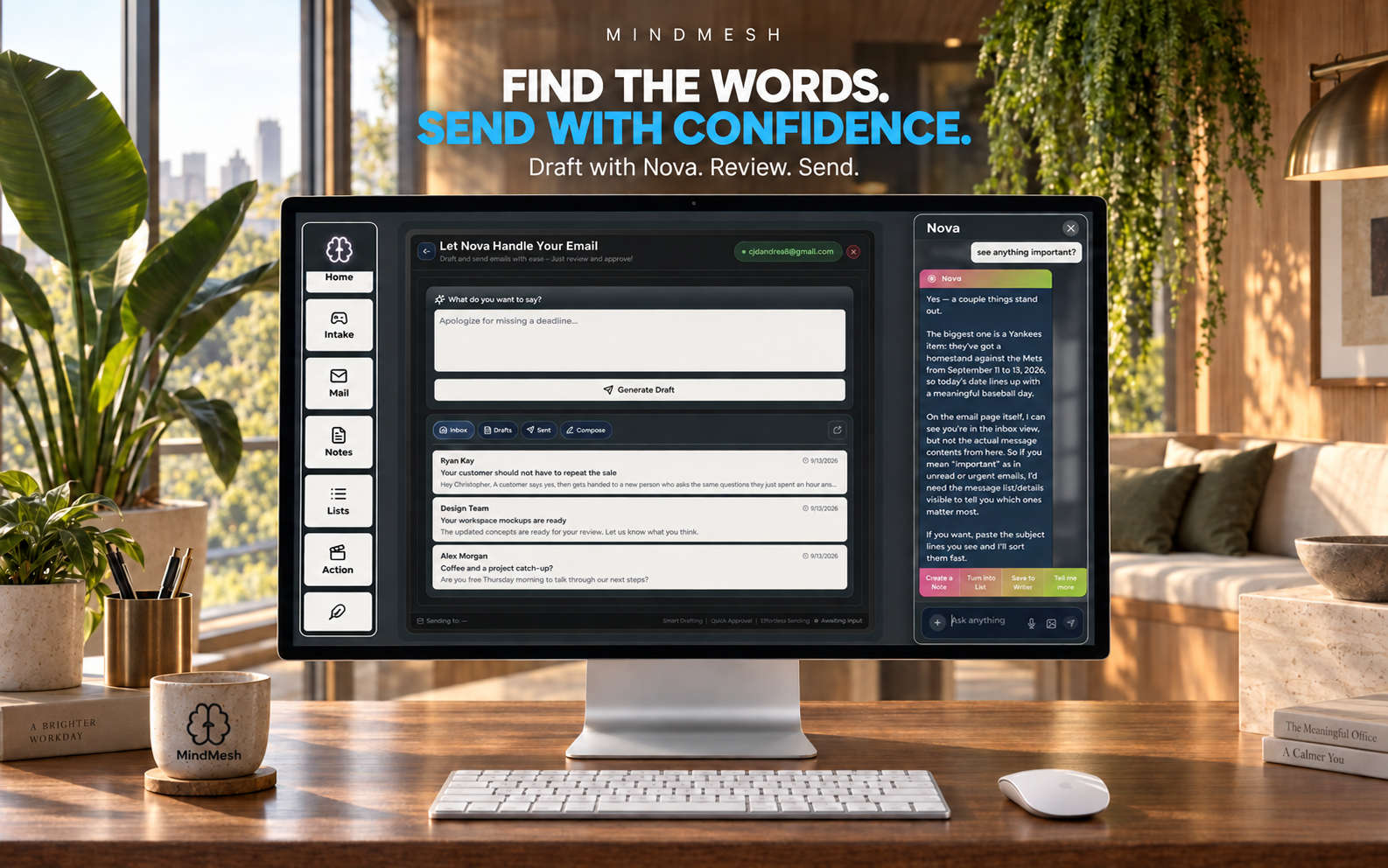 MindMesh Mail with a populated inbox, draft generator, and Nova alongside