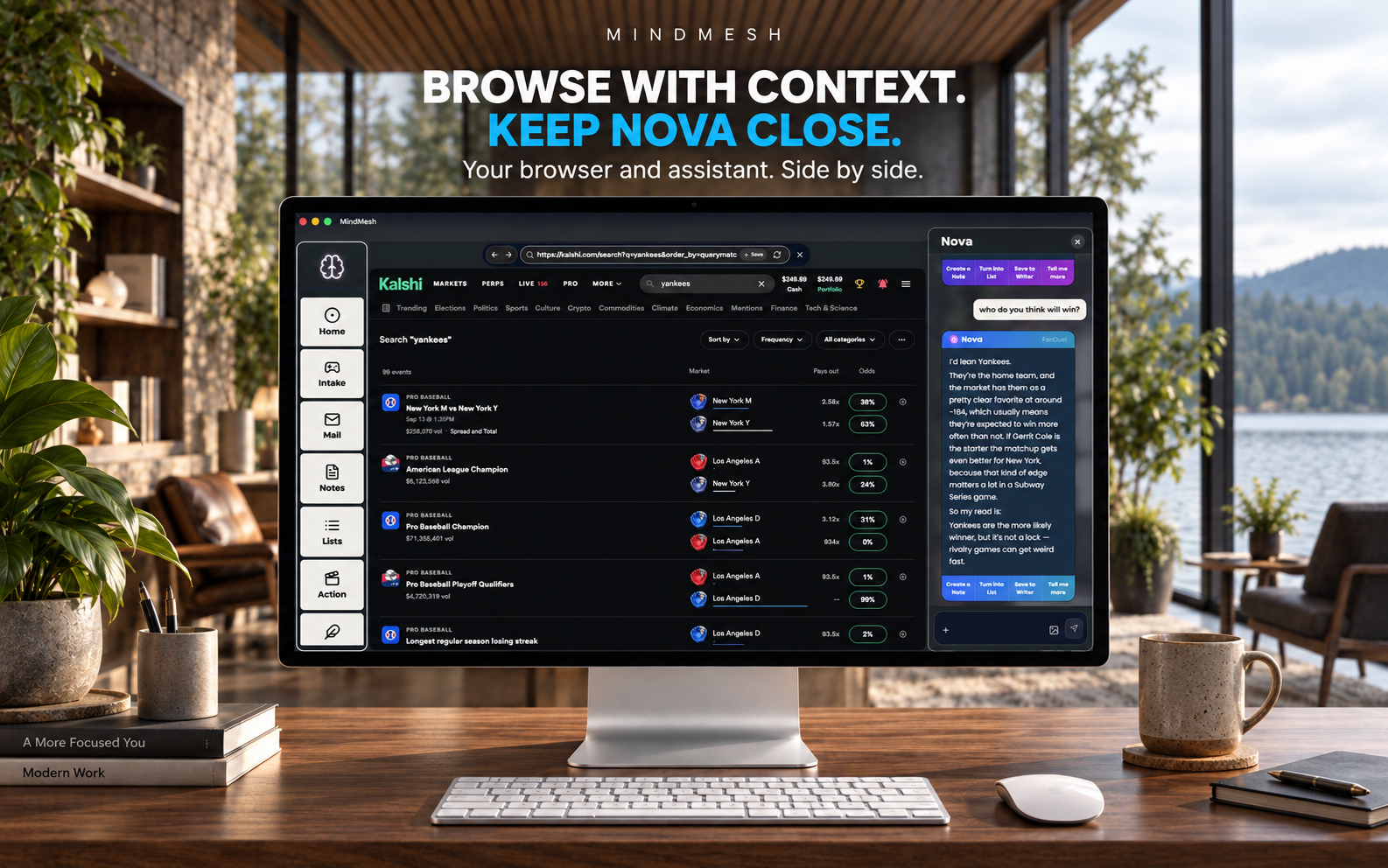 Nova alongside Kalshi in the MindMesh browser