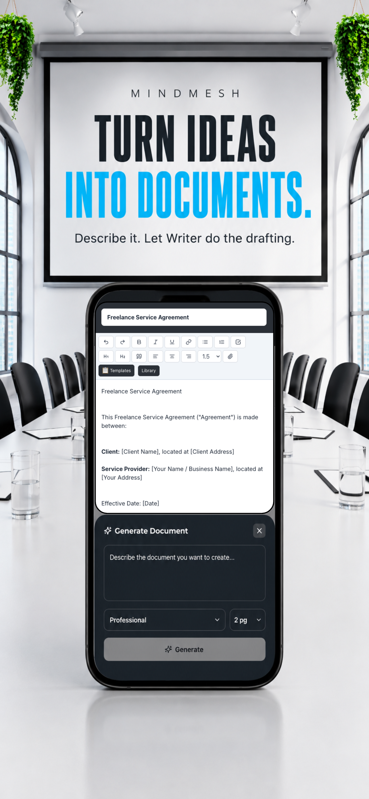 MindMesh Writer on iPhone: turn ideas into documents with document generation and editing tools