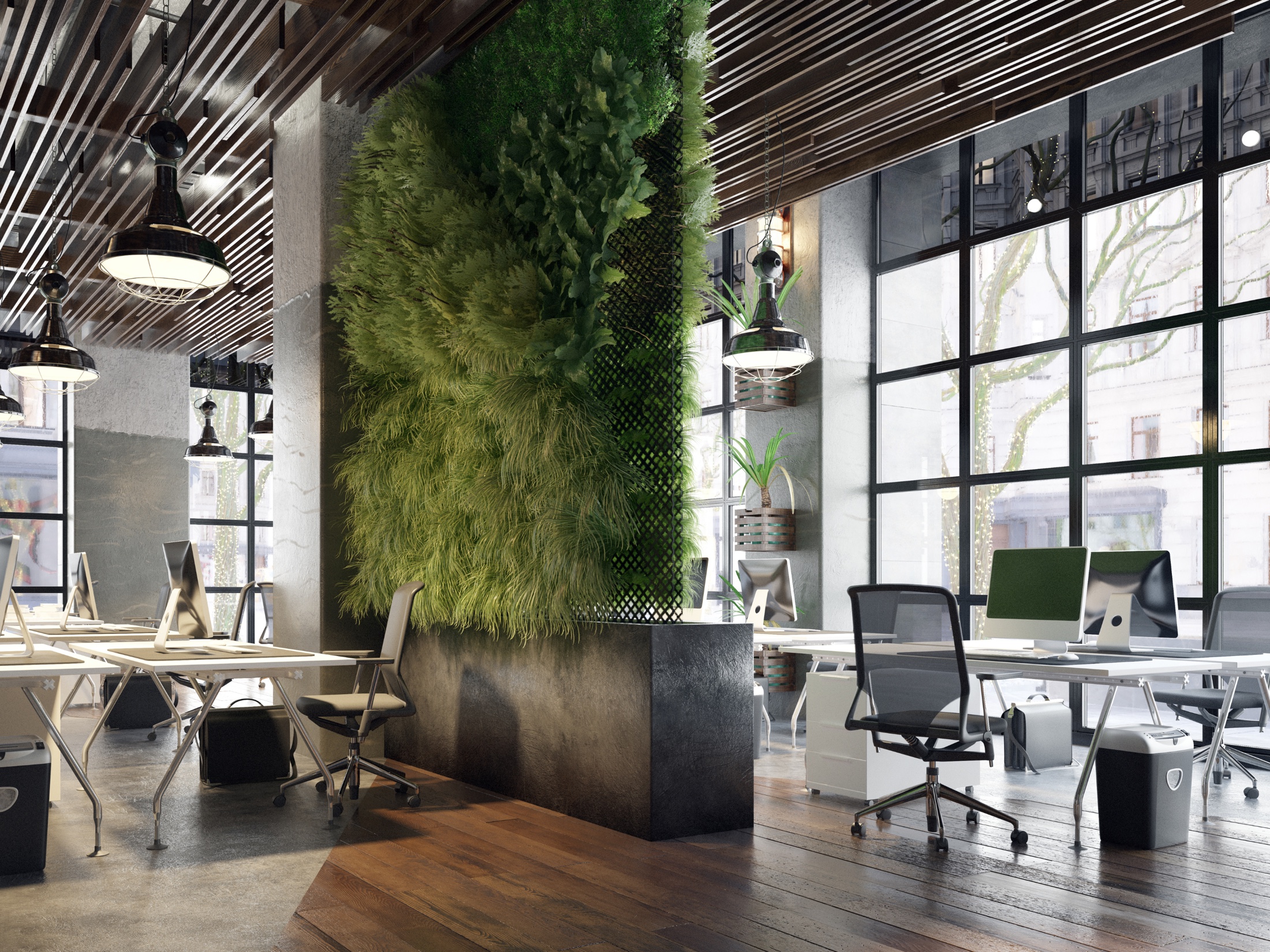 Sunlit workspace with a living green wall, wood ceilings, and open desks